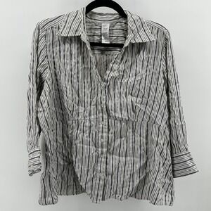 Fred David Stretch Button Up Top Gray White Striped Long Sleeve Women XL Office‎